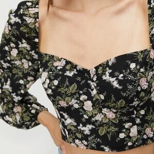 OAK + FORT Ditzy Floral Long Puff Sleeve Sweetheart Smocked Crop Top Black S